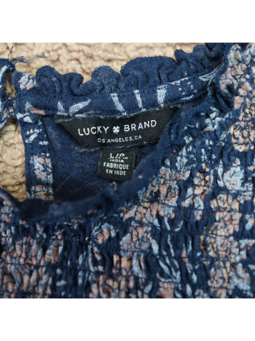 Lucky Brand Smocked Blouse Womens L Blue Floral Short Sleeve Boho Peasant Top - Picture 4 of 10